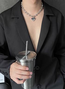 小众设计荆棘钛钢爱心火焰吊坠嘻哈暗黑风锁骨链男项链女