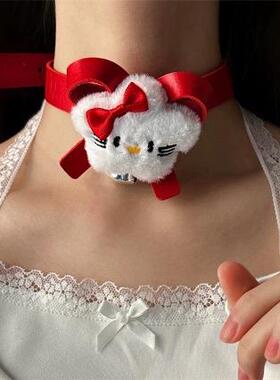 性感辣妹少女红色皮质毛绒Kitty猫choker项圈女小众甜美可爱颈圈
