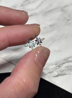 钛钢平底拧螺丝耳骨钉蓝色锆石四芒星耳钉甜酷风轻奢百搭耳饰女