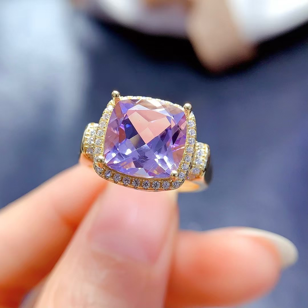 Natural lavender amethyst ring main stone size 10 10mm 925 sterling silver gold plated