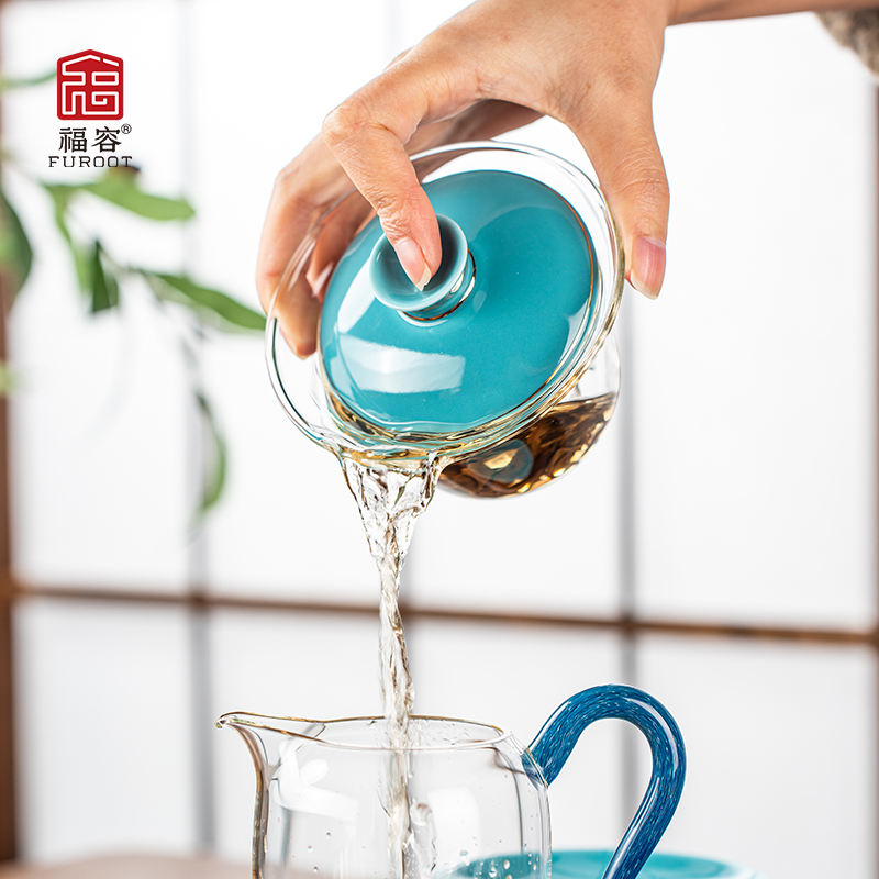 福容耐热加厚玻璃盖碗陶瓷手绘三才茶碗泡茶杯大小号工夫茶具单个 - 图3