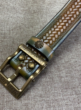 风尘黄铜扣厚美鞍5.0复古席纹压花手工皮带 男士头层牛皮真皮腰带