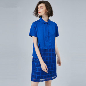 邑品蓝色短袖连衣裙2023夏装新款休闲直筒网纱拼接衬衫式中长长裙