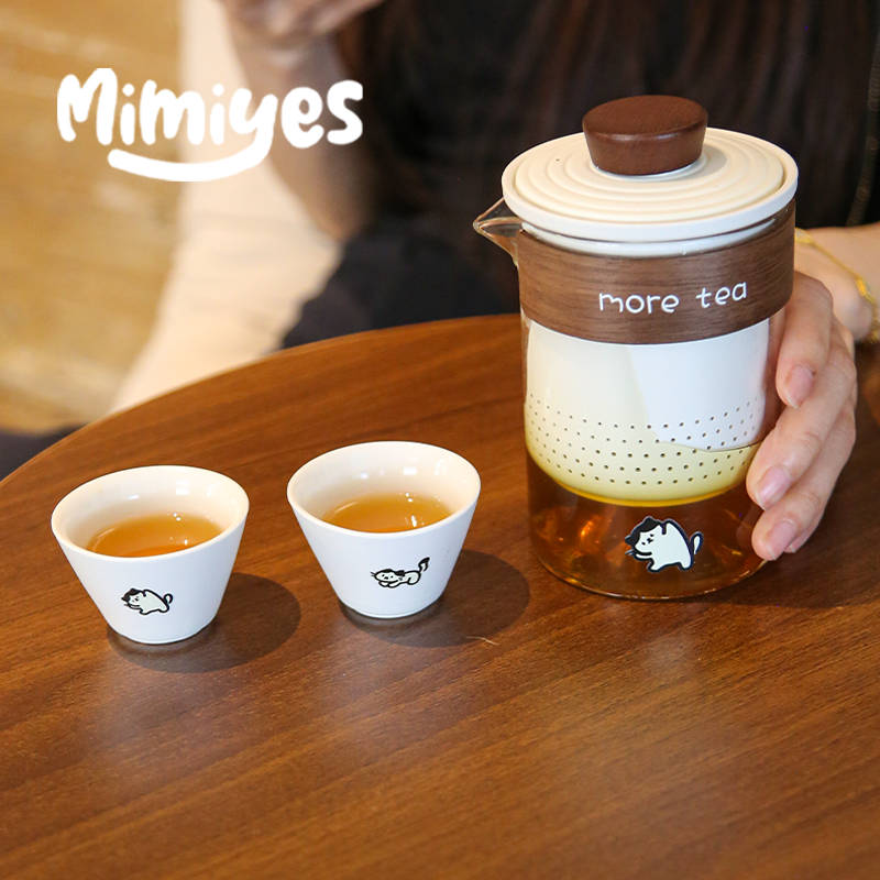 mimiyes周边丨奶油猫猫玻璃茶壶茶杯茶具套装户外露营陶瓷泡茶子,淘宝优惠券,粉丝福利购,淘宝优惠卷