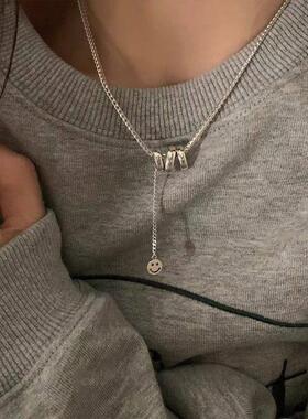女潮酷小众韩版S925纯银笑脸流苏项链轻奢百搭高级感毛衣锁骨链