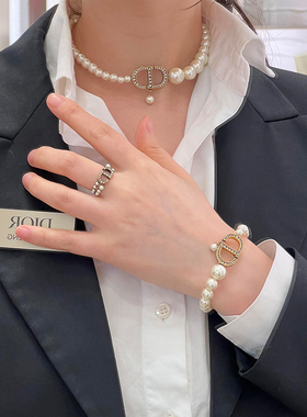 迪奥新款镶钻CD渐变珍珠项链复古