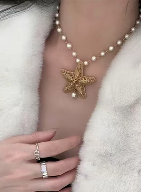 D家新款字母海星吊坠珍珠CD项链女高级感choker颈链百搭锁骨链潮
