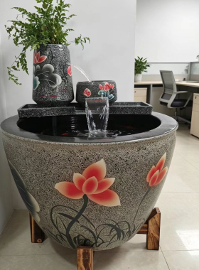 景德镇陶瓷鱼缸瀑布流水客厅阳台古法养鱼循环过滤造景摆件