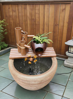 树脂仿竹筒流水风水轮招财摆件