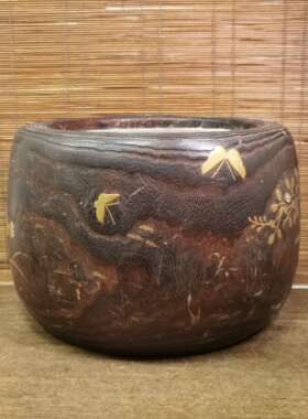 日本桐木铜胆金时绘嵌螺钿火钵，外径30厘米胆内径20厘米，高21