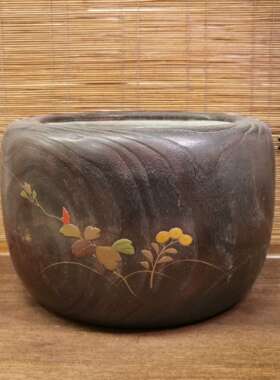 日本桐木铜胆金时绘嵌螺钿火钵，外径30厘米高21厘米，锅内径20