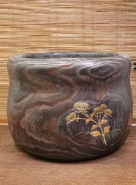 日本桐木铜胆金时绘嵌螺钿火钵，外径28厘米高20厘米，锅内径18