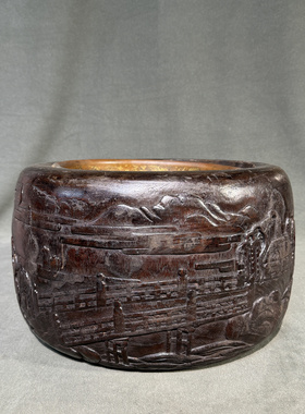 日本老桐木浮雕风景画铜胆火钵，外径37厘米，铜胆内径26高24厘米