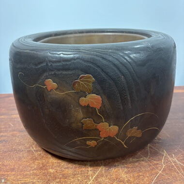 日本桐木铜胆金时绘嵌螺钿火钵，外径33厘米高21厘米，锅内径21