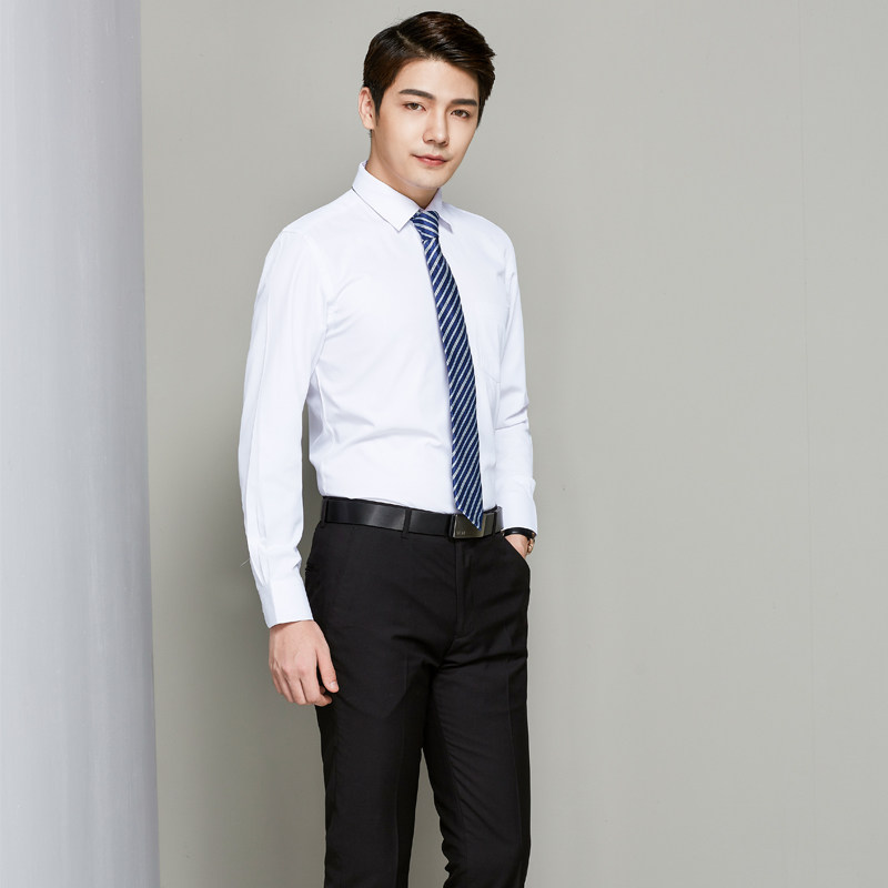 工装男款春夏男士免烫修身长袖衬衫男式抗皱商务休闲白色衬衣上班
