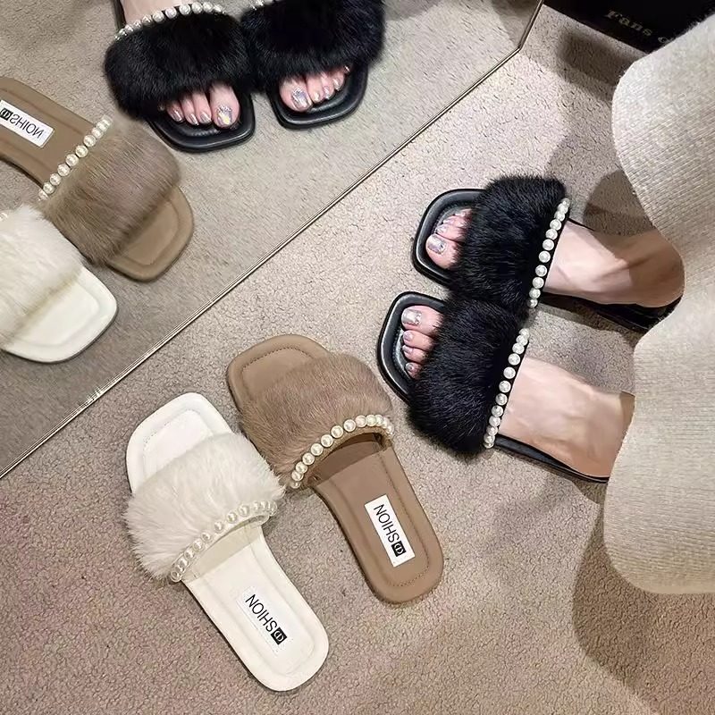 日本代购仙女风法式女外穿夏秋小香风平底防滑懒人一字拖毛毛拖鞋,淘宝优惠券,粉丝福利购,淘宝优惠卷