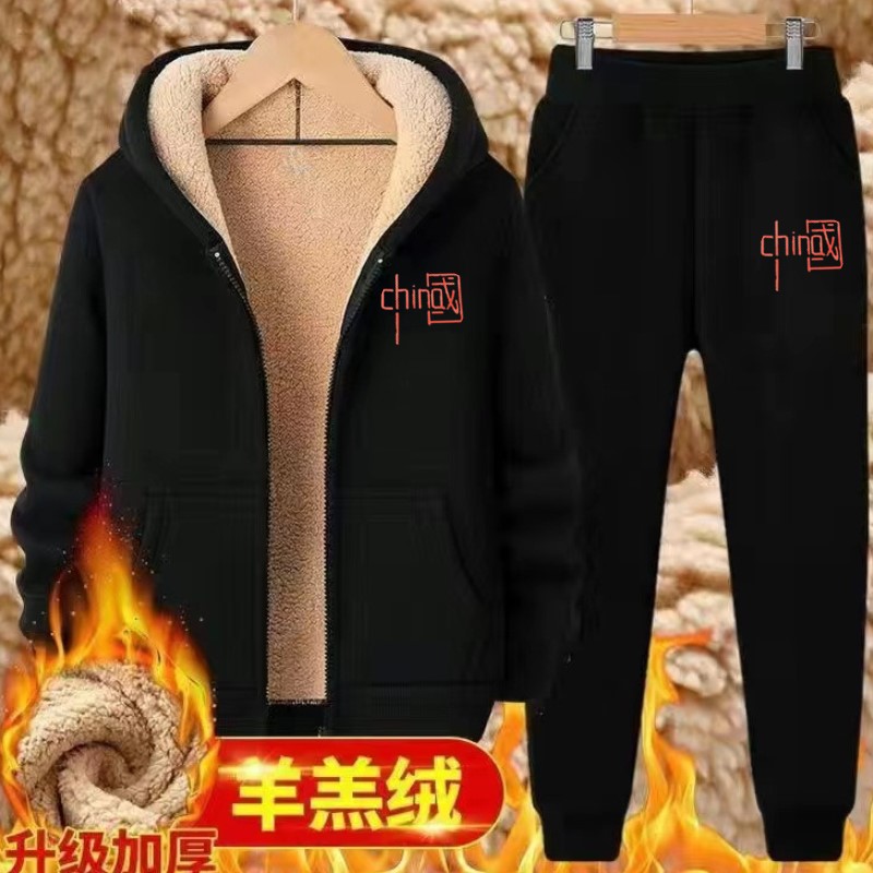 羊羔绒卫衣女加绒加厚套装2024新款秋冬大码休闲运动服连帽两件套