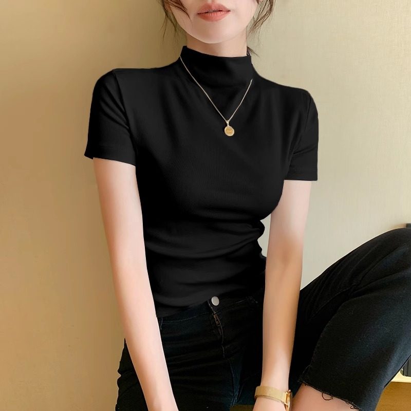 白色莫代尔短袖T恤女2025夏季新款冰丝半高领修身显瘦打底衫上衣,淘宝优惠券,粉丝福利购,淘宝优惠卷