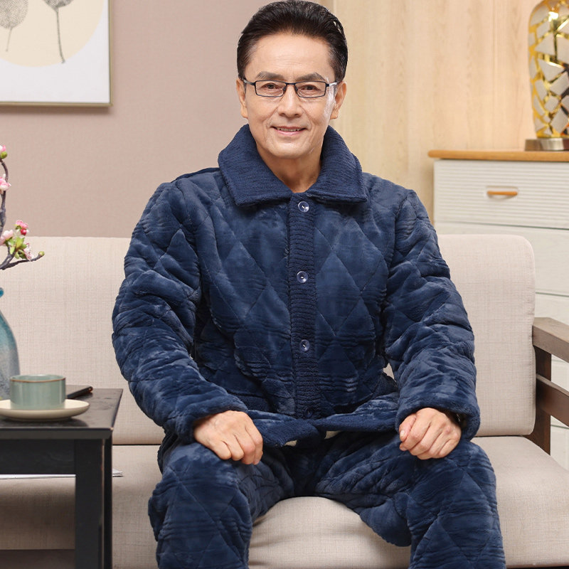 冬款男士加绒加厚夹棉睡衣中老年人爸爸三层保暖珊瑚绒家居服套装,淘宝优惠券,粉丝福利购,淘宝优惠卷