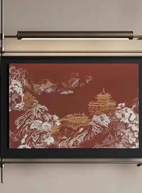 新中式墙面金属吊杆挂画带灯酒店会所样板间玄关中古风创意装饰画