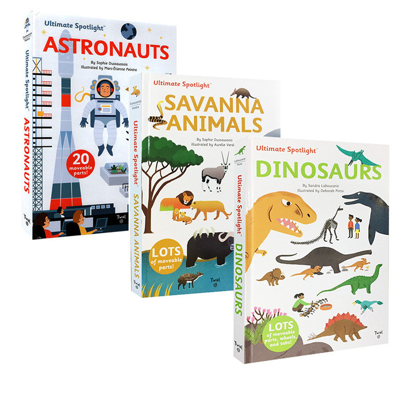 英文原版Twirl Ultimate Spotlight系列 3册Savanna Animals/Astronauts/Dinosaurs 精装立体翻翻书 儿童益智早教 - 图3