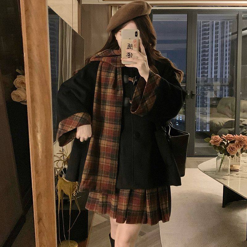 学院风JK制服套装女秋冬小个子牛角扣毛呢外套+格子百褶裙两件套,淘宝优惠券,粉丝福利购,淘宝优惠卷