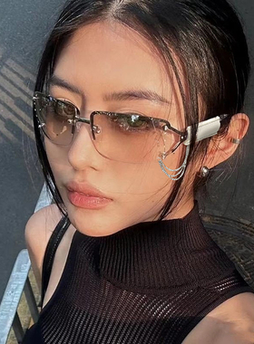 独家设计款 无框太阳镜Y2K辣妹甜酷太阳眼镜链条网红个性镶钻墨镜