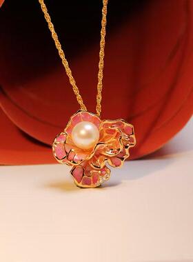 poppee原创设计麟琅芍药系列 粉色珐琅珍珠吊坠新年小众饰品女