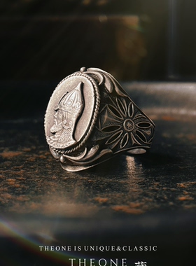 THEONE罕见孤品百年古董手工纯银奥斯曼骑士纹章戒指复古绅士指环
