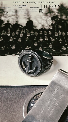 THEONE罕见古董孤品英国纯手工纯银海军船锚戒指海魂风绅士指环