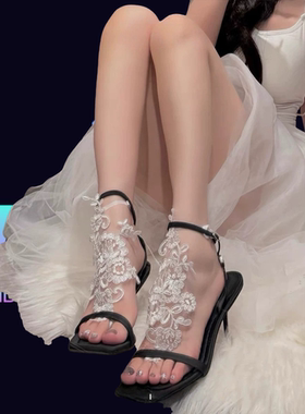 月下隐迹浪漫镂空脚链黑色蕾丝纯欲风性感私房脚饰