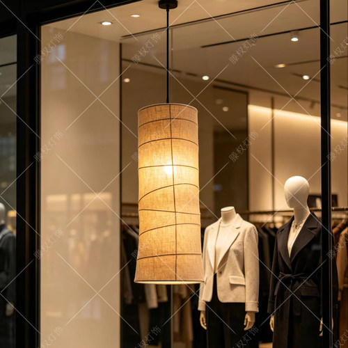 侘寂风麻布长筒吊灯服装店橱窗灯日式禅意复古长条灯中式楼梯灯 - 图0