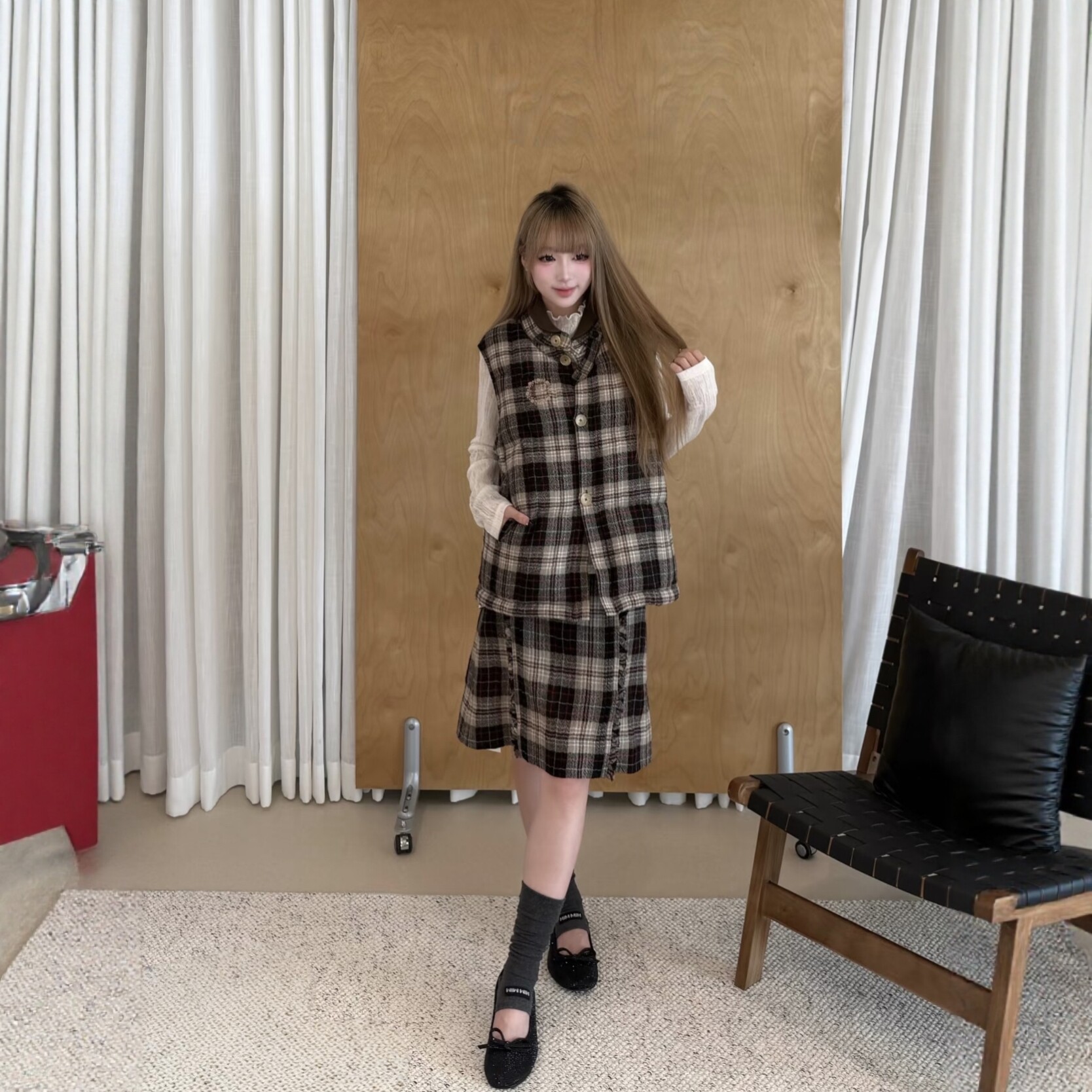 EVAN【顶配高版本●March*n】保暖格纹拼接宽松羽绒马夹羊毛外套 - 图1