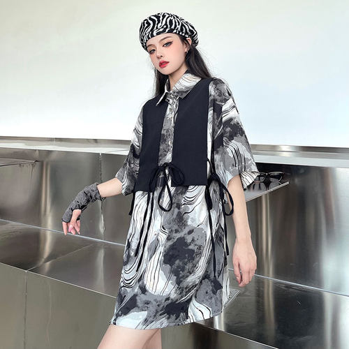 现货秒发~潮流ins复古泼墨晕染衬衫个性绑带马甲背心两件套衬衣夏 - 图1