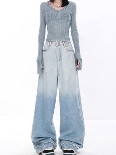 KEN STUDIO春夏新款渐变蓝色直筒牛仔裤女复古毛边设计阔腿裤裤子 - 图0