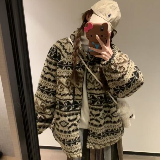 Fair Isle Snowflake Lamb Wool Jacket Women's Age Reducing Top