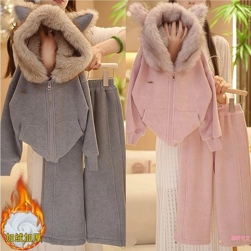 男女童卡通耳朵加绒卫衣外套秋冬2025新款加厚一体绒毛领上衣保暖,淘宝优惠券,粉丝福利购,淘宝优惠卷