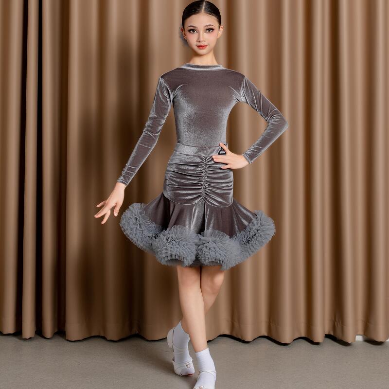 2025新款秋冬季儿童拉丁舞裙女童高级感练功服表演演出舞蹈服套装 - 图1