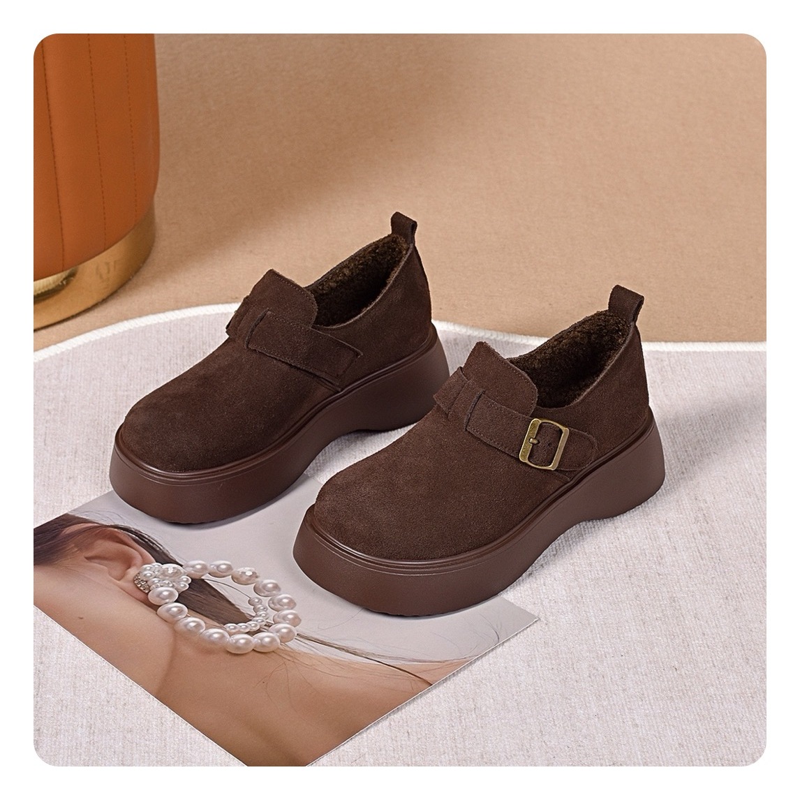 厚底勃肯鞋女魔术贴反绒皮休闲鞋百搭增高棉鞋35-40码 - 图1