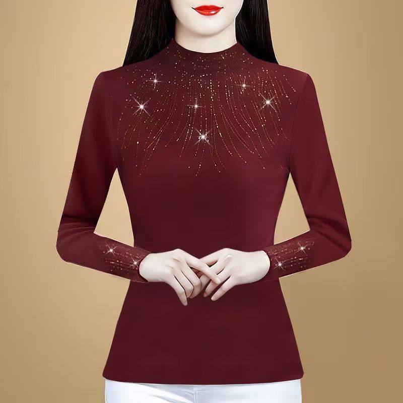 半高领烫钻打底衫女秋冬新款高端妈妈装长袖时尚显瘦保暖德绒上衣,淘宝优惠券,粉丝福利购,淘宝优惠卷