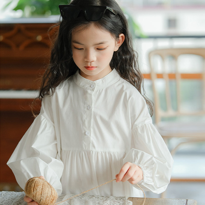 女童连衣裙春秋新中式衬衫裙纯棉儿童裙灯笼袖纯色大童女孩蛋糕裙,淘宝优惠券,粉丝福利购,淘宝优惠卷