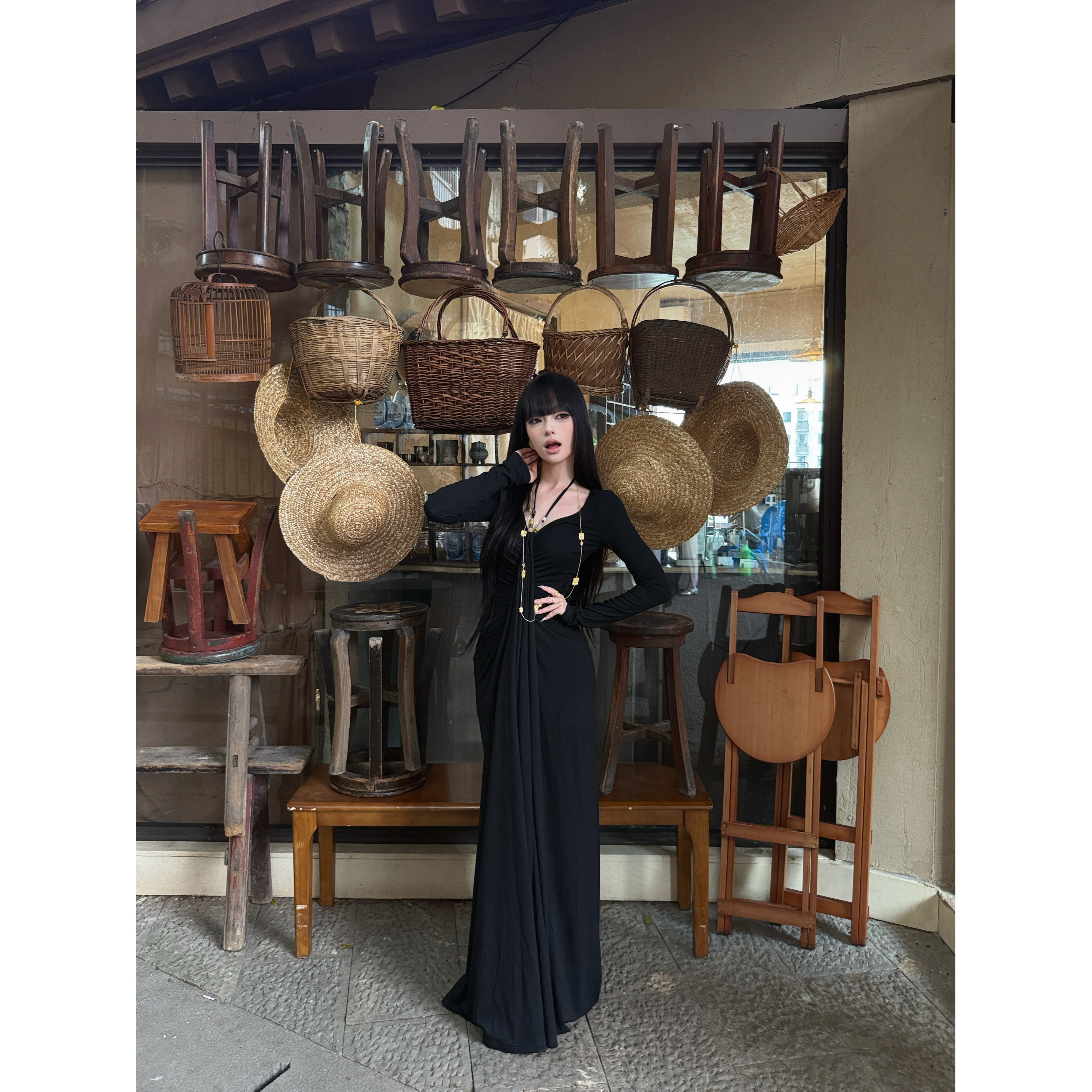 法式方领高级感褶皱秋冬长袖连衣裙复古优雅显瘦气质A字长裙,淘宝优惠券,粉丝福利购,淘宝优惠卷