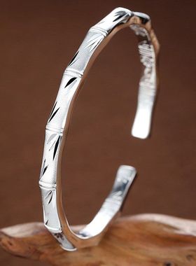 s999纯银手镯女款竹子手环古法磨砂竹节手镯开口调节年轻送长辈