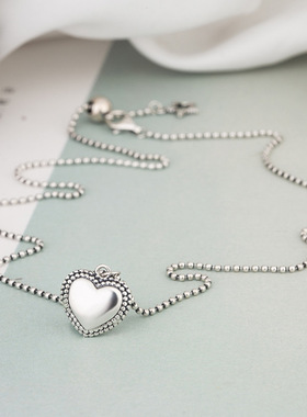 纯银流苏边爱心形圆珠银项链女生