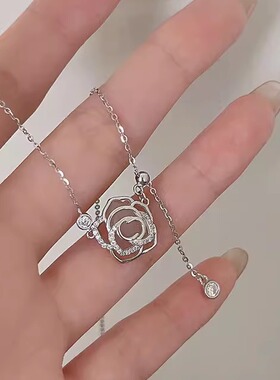 纯银白玉髓镶钻玫瑰山茶花项链女