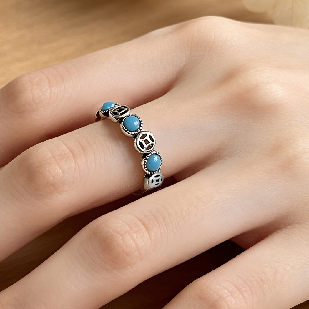 S925 sterling silver southern red agate coin-shaped ring for girls with retro geometric wealth and cool design ring