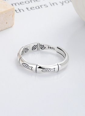 925纯银小鱼雕刻锦鲤鱼素圈戒指