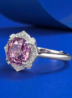 S925纯银紫色玫瑰切冰花锆石花朵戒指女生轻奢大紫钻仿真钻戒礼物