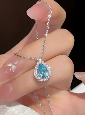 S925纯银蓝色水晶水滴形项链女生