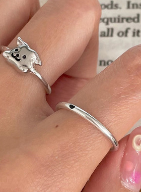 925纯银卡通小狗素圈戒指女生